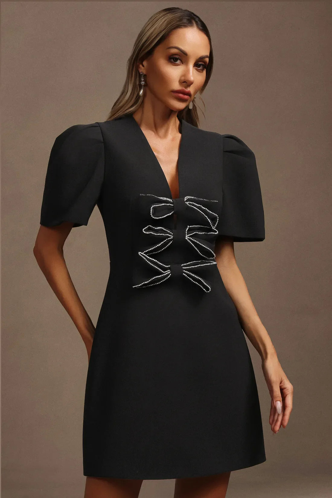 Kavaza V Neck Short Sleeve Hollow Out Bow Mini Dress
