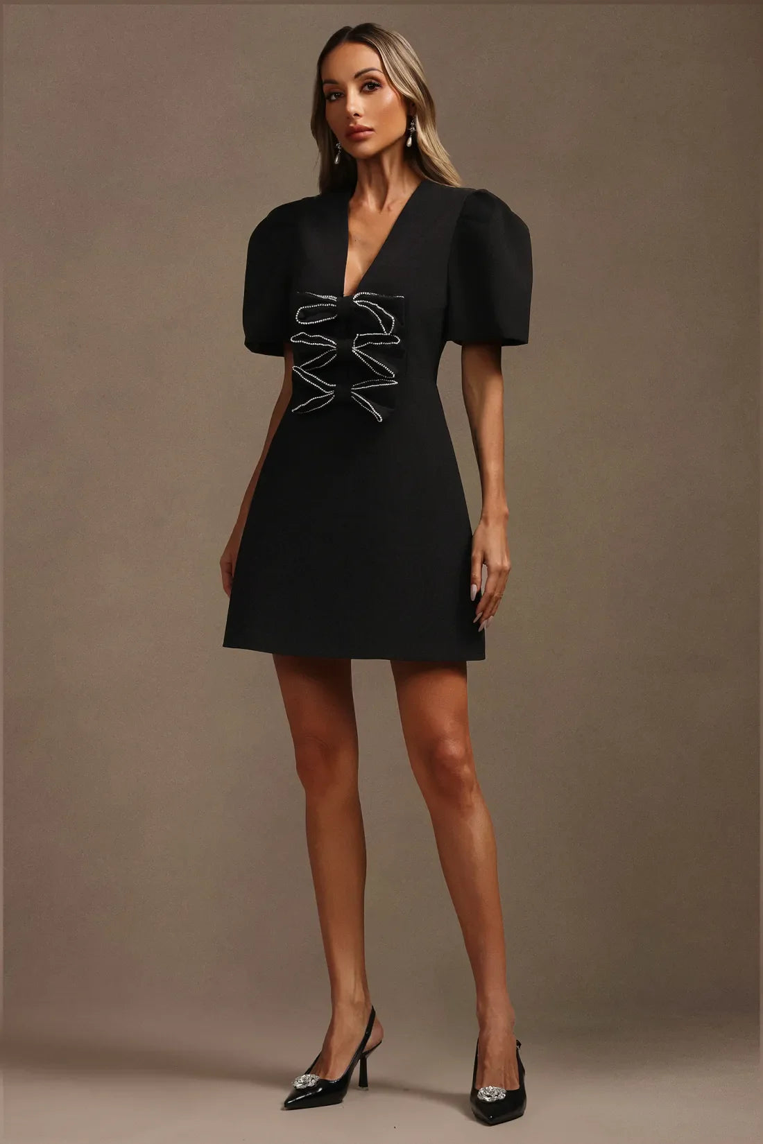 Kavaza V Neck Short Sleeve Hollow Out Bow Mini Dress