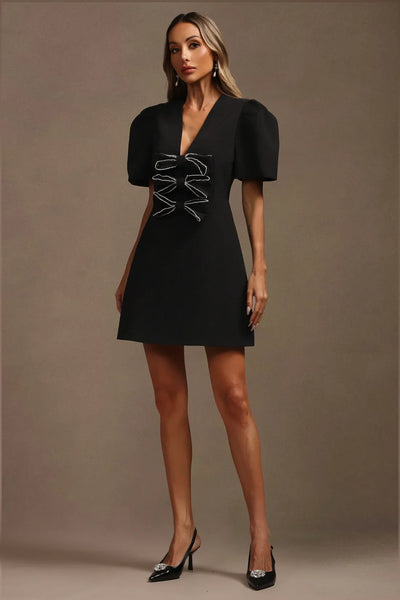 Kavaza V Neck Short Sleeve Hollow Out Bow Mini Dress