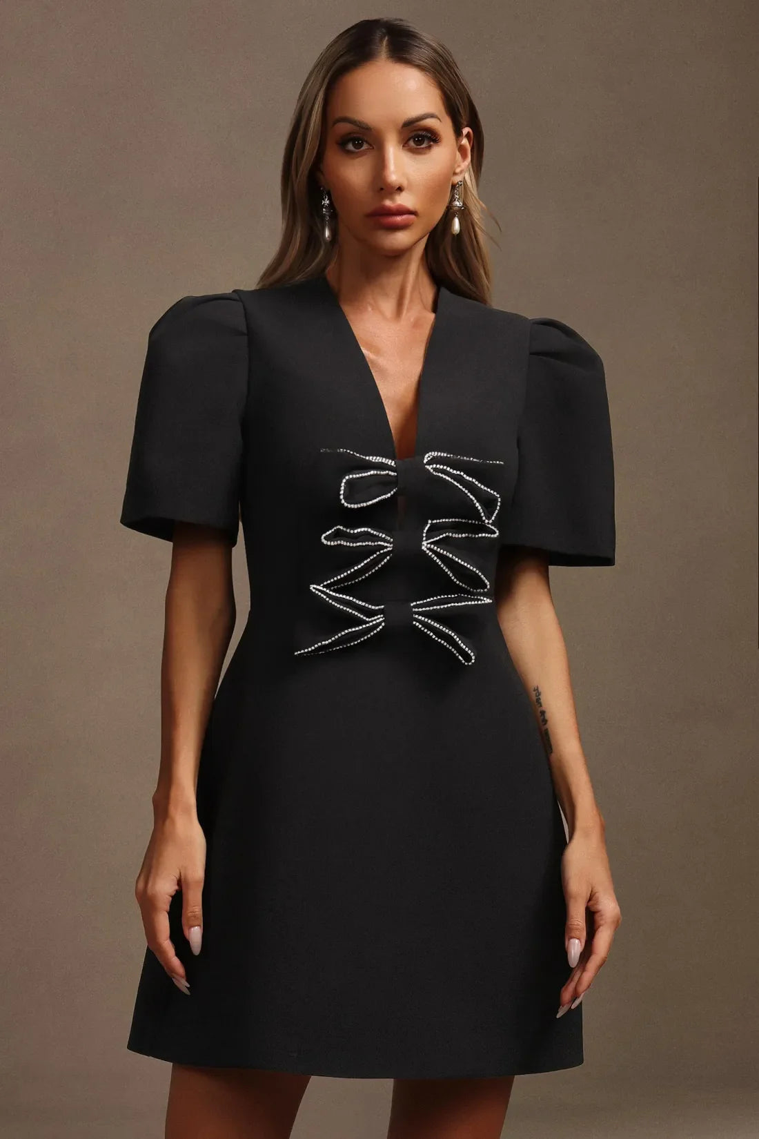 Kavaza V Neck Short Sleeve Hollow Out Bow Mini Dress
