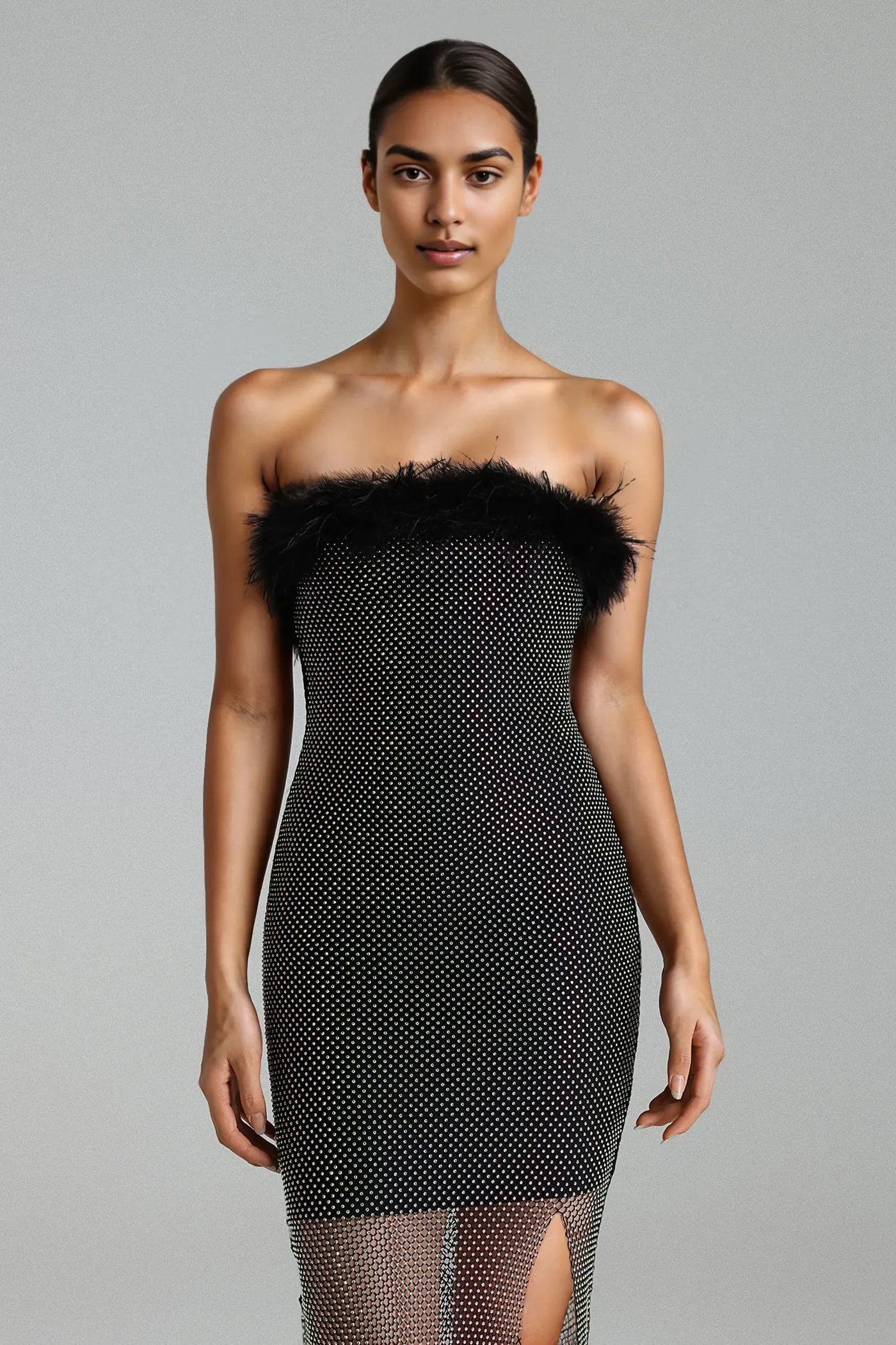 Perly Diamante Faux Fur Midi Dress
