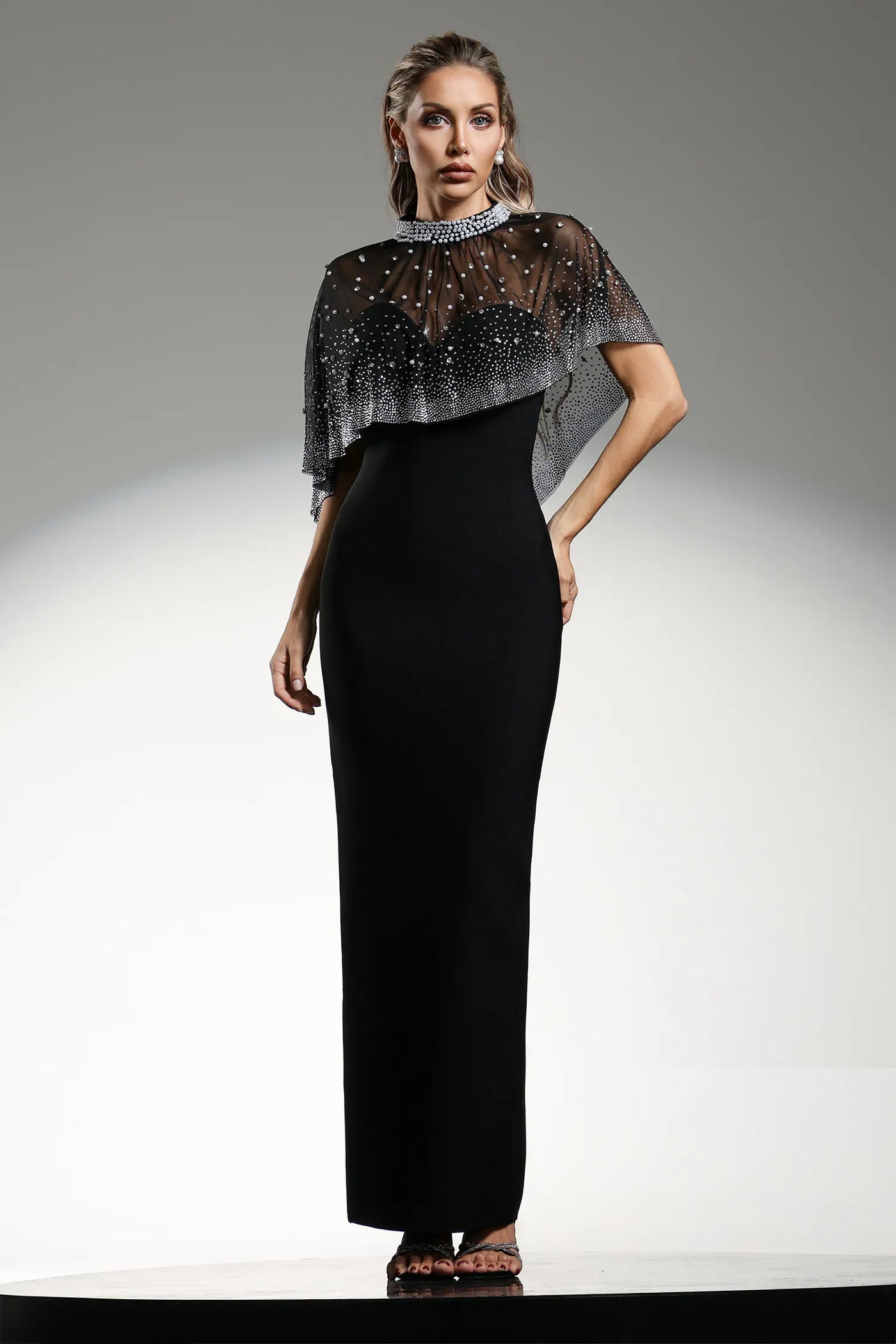 Jacey Elmas Pearl Beaded Long Dress