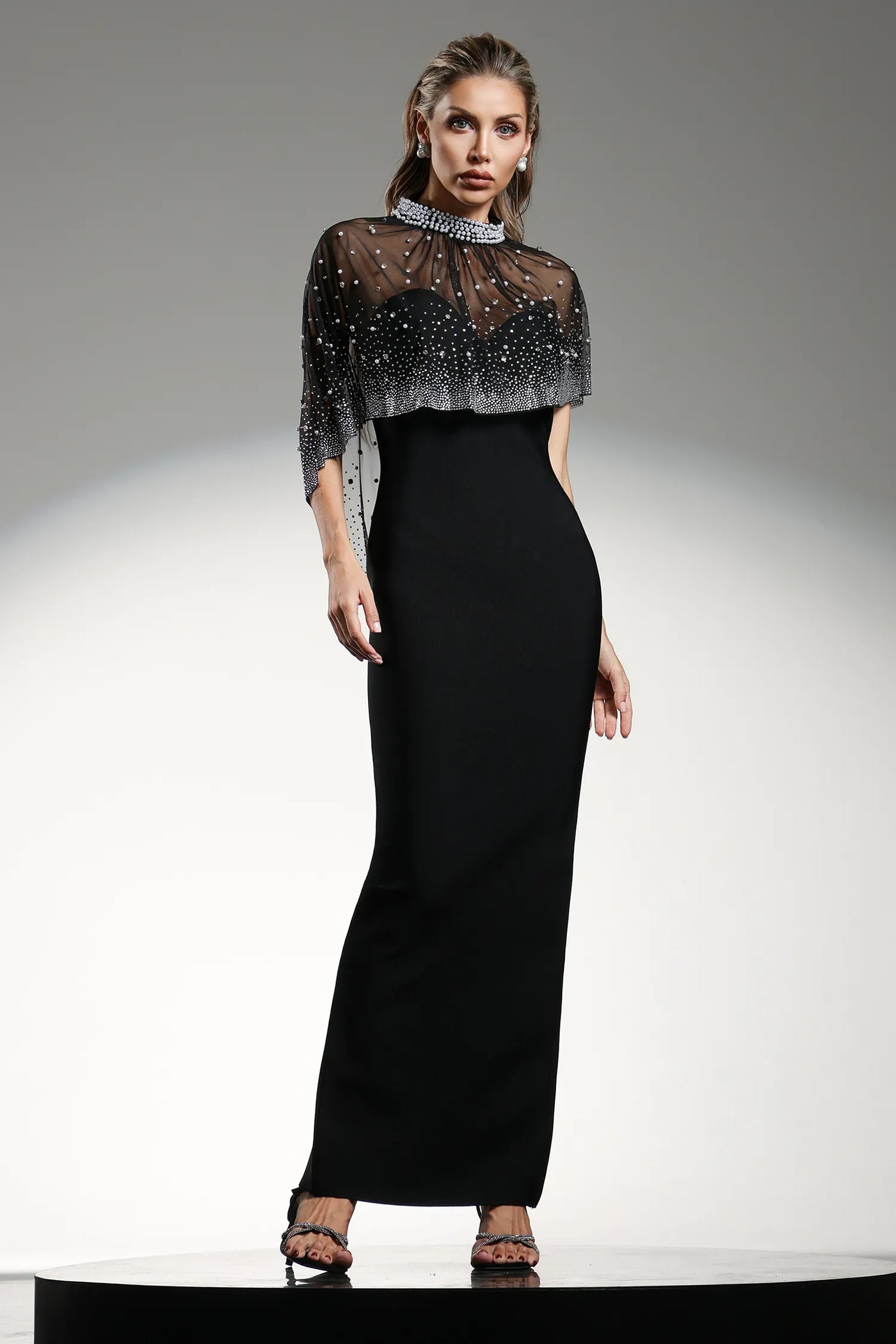 Jacey Elmas Pearl Beaded Long Dress