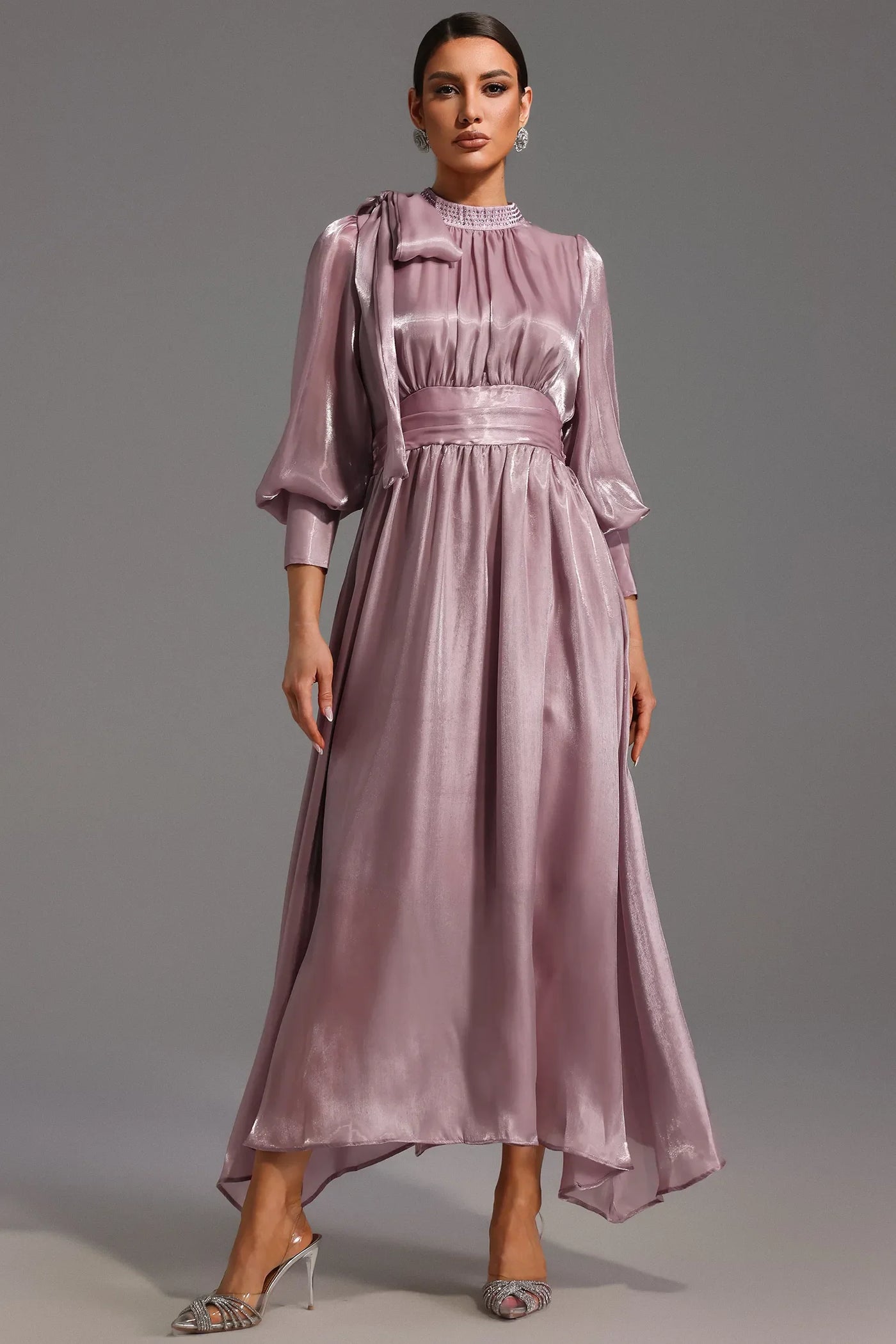 Jenny Long Sleeve Tie Bow Diamond Maxi Dress