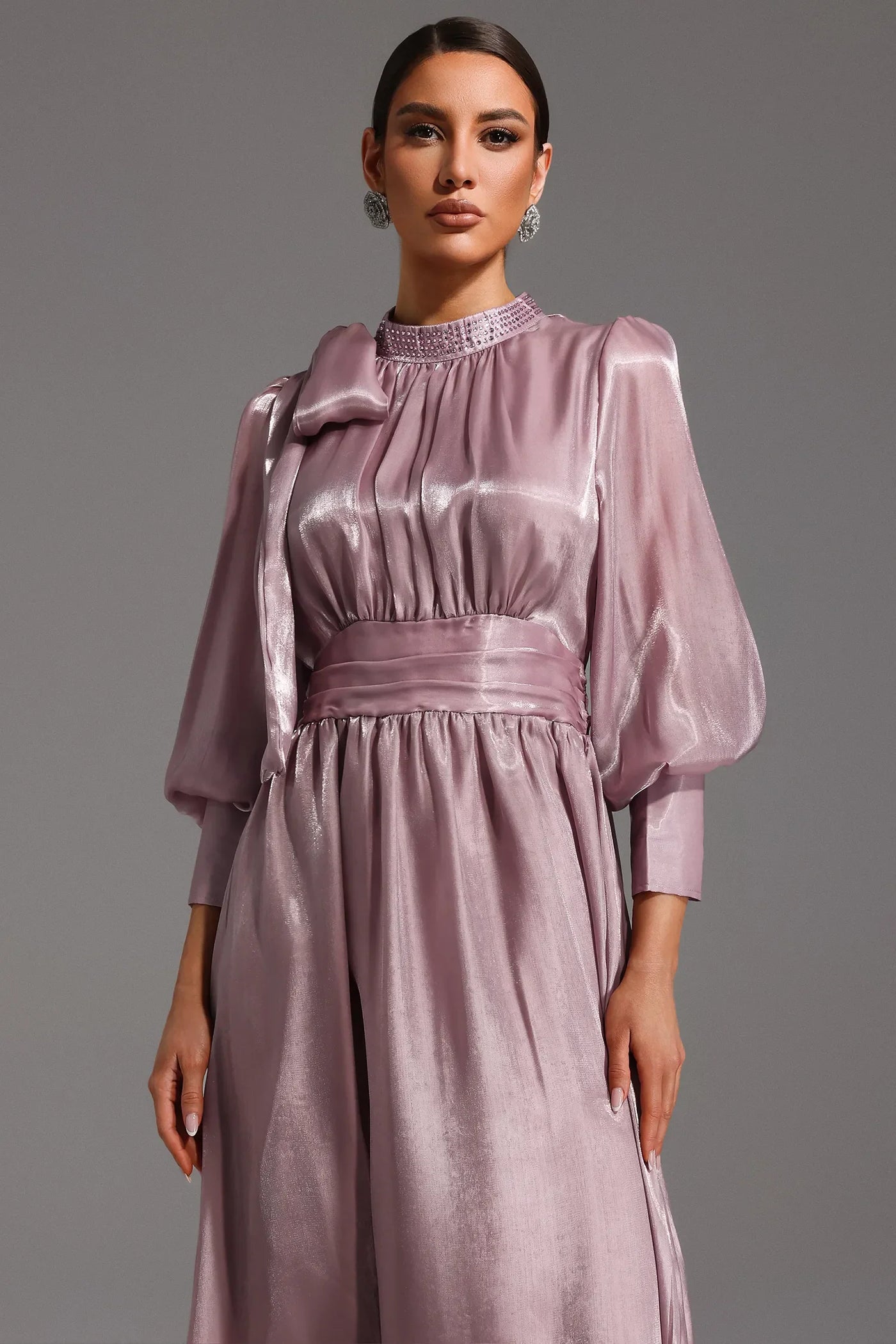 Jenny Long Sleeve Tie Bow Diamond Maxi Dress