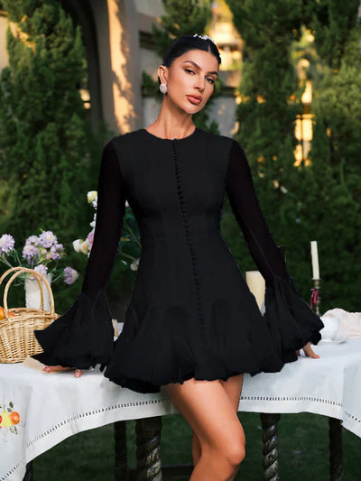 Edsel Flare Button Black Mini Dress