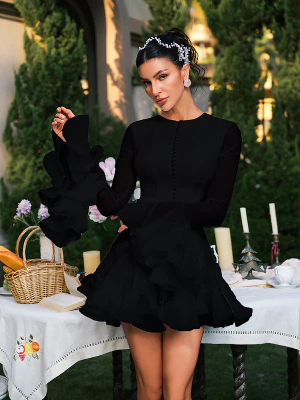 Edsel Flare Button Black Mini Dress