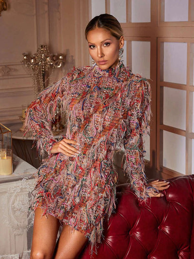 Archki Long Sleeve Fringed Mini Dress