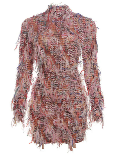 Archki Long Sleeve Fringed Mini Dress