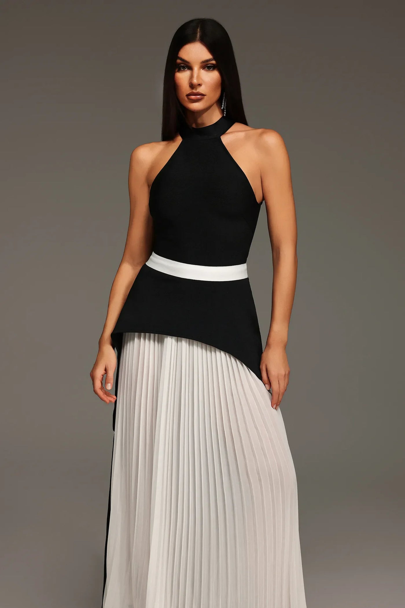 Mila Sleeveless Halter Wrinkled Long Dress
