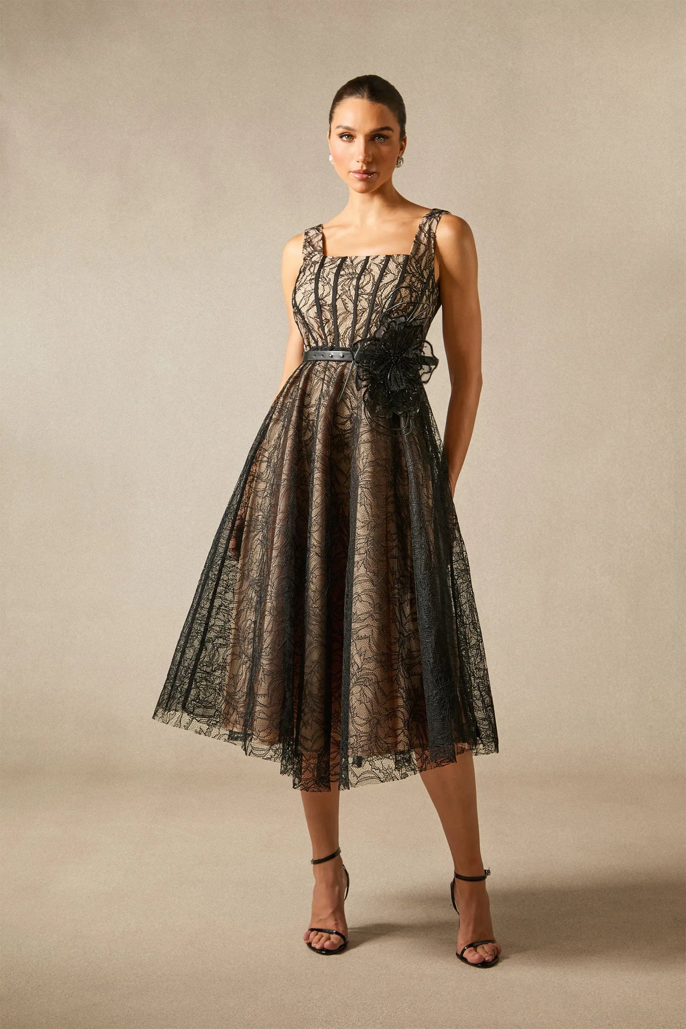 Mina Floral Appliqué Lace Top Midi Dress