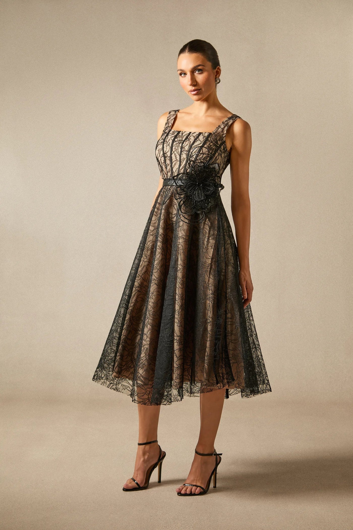 Mina Floral Appliqué Lace Top Midi Dress