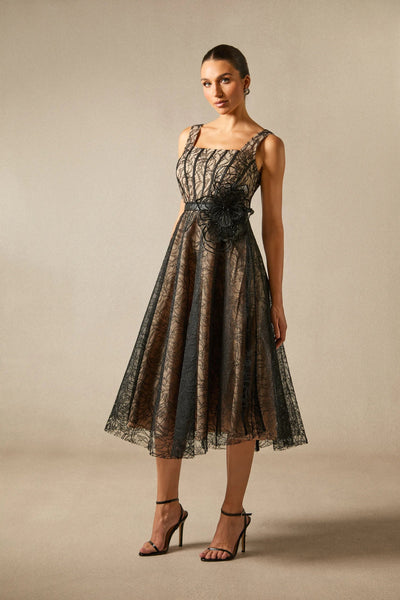 Mina Floral Appliqué Lace Top Midi Dress