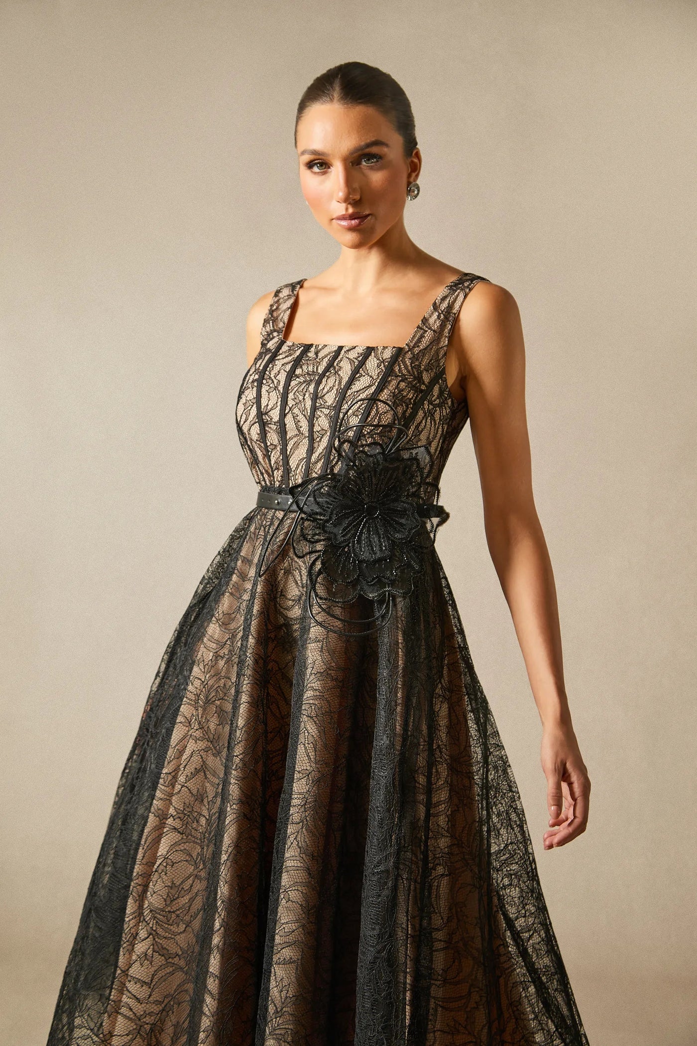 Mina Floral Appliqué Lace Top Midi Dress