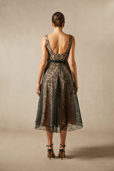 Mina Floral Appliqué Lace Top Midi Dress