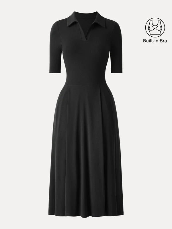 Polo Neck Elbow Length Sleeve Midi Brami Dress with Pockets