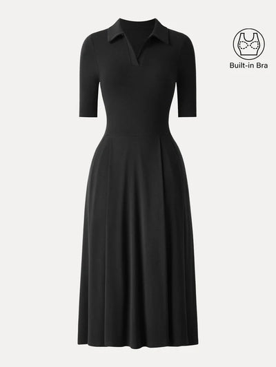 Polo Neck Elbow Length Sleeve Midi Brami Dress with Pockets