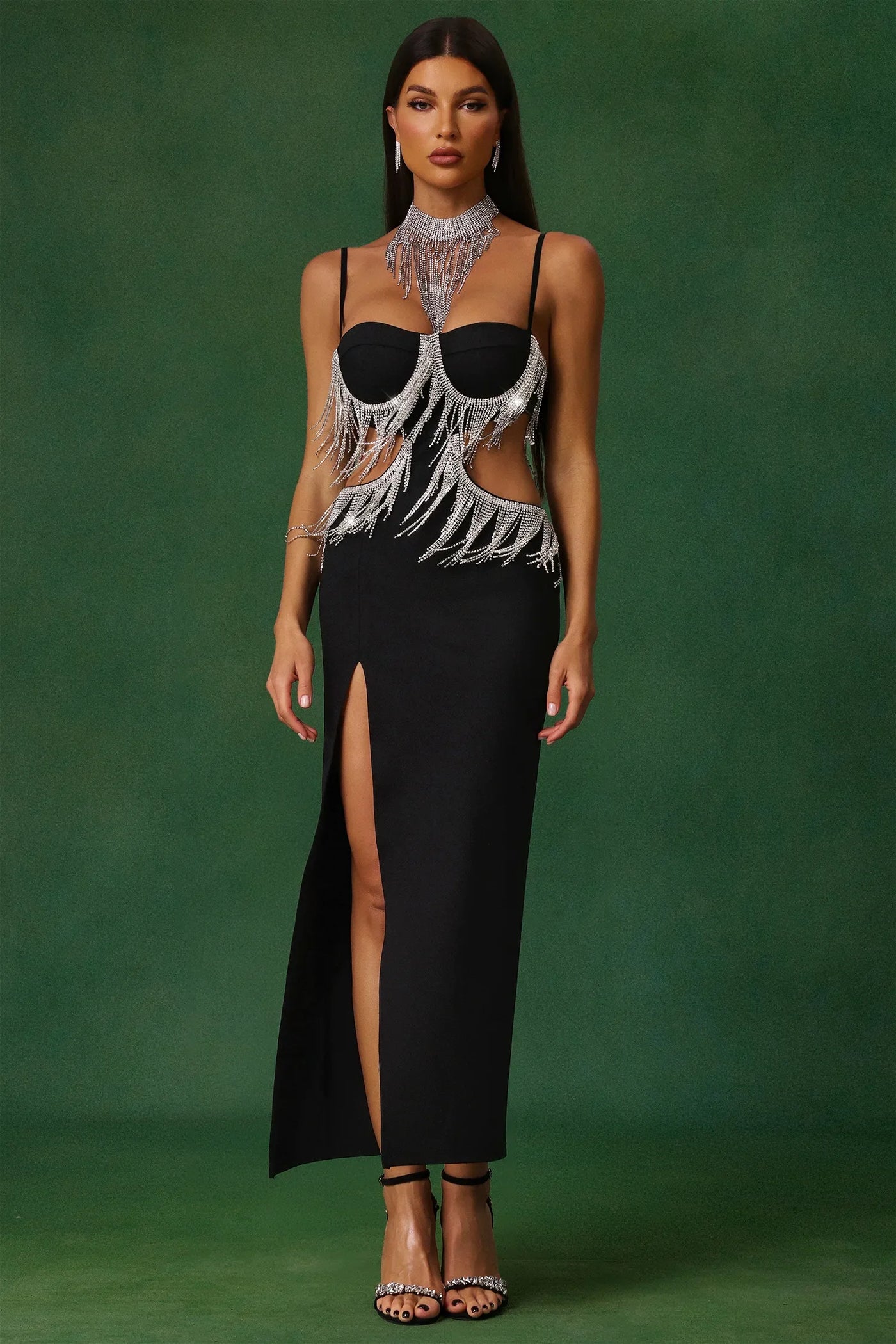 Jerlyn Elmas Fringed Slit Bandage Long Dress