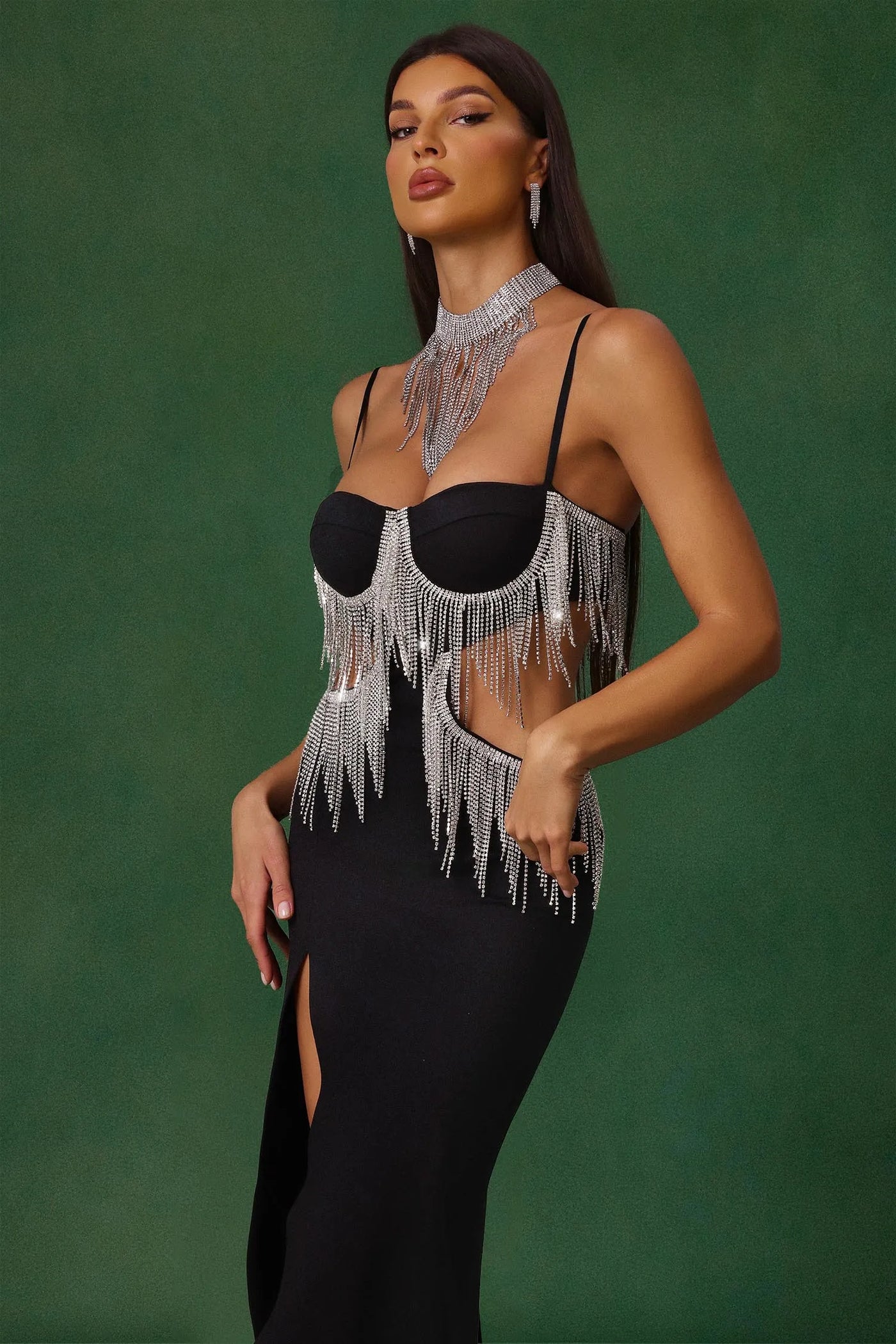 Jerlyn Elmas Fringed Slit Bandage Long Dress