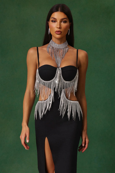 Jerlyn Elmas Fringed Slit Bandage Long Dress