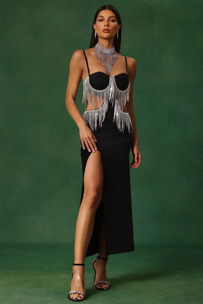 Jerlyn Elmas Fringed Slit Bandage Long Dress