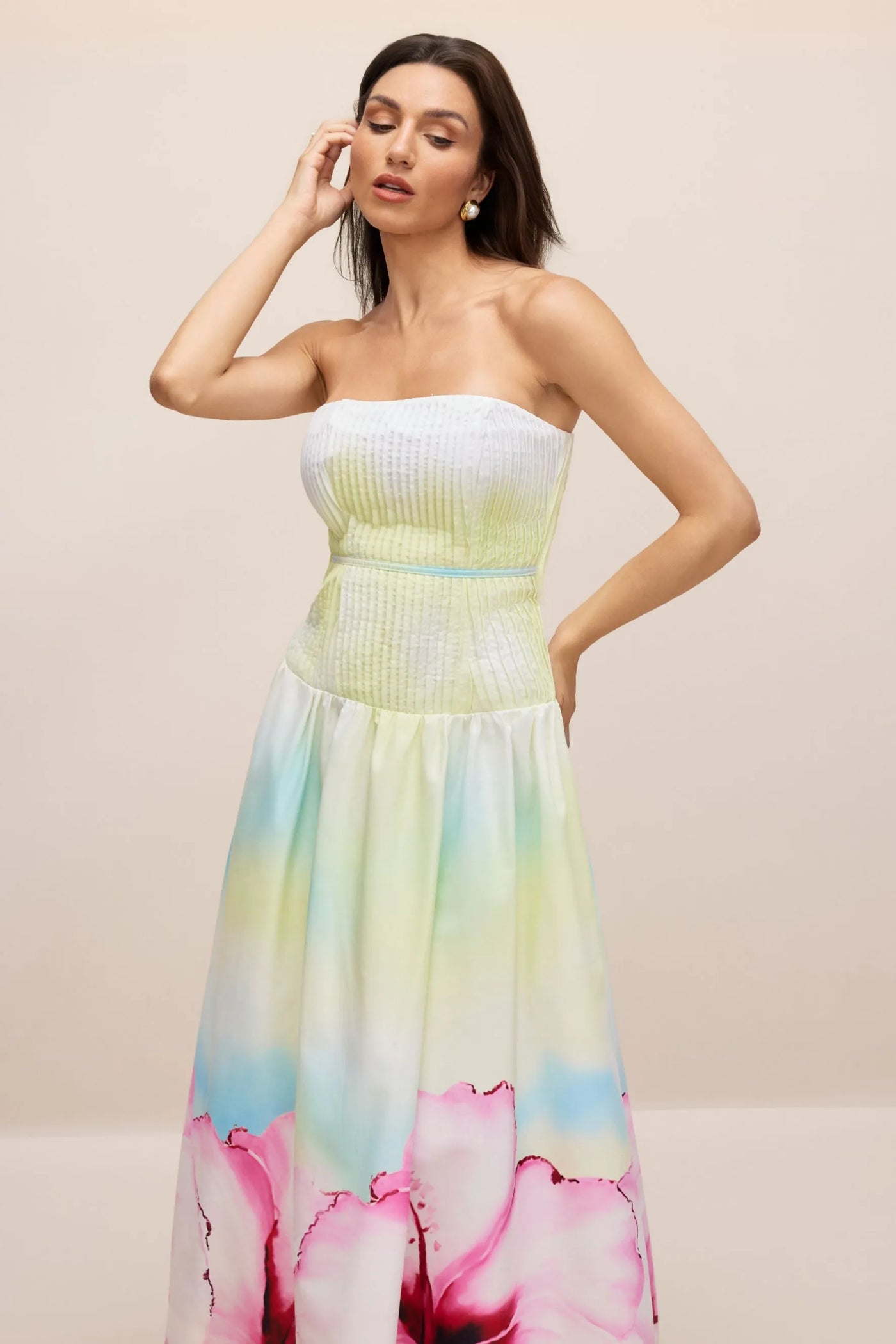 Beautiful Strapless Floral Pattern Long Dress