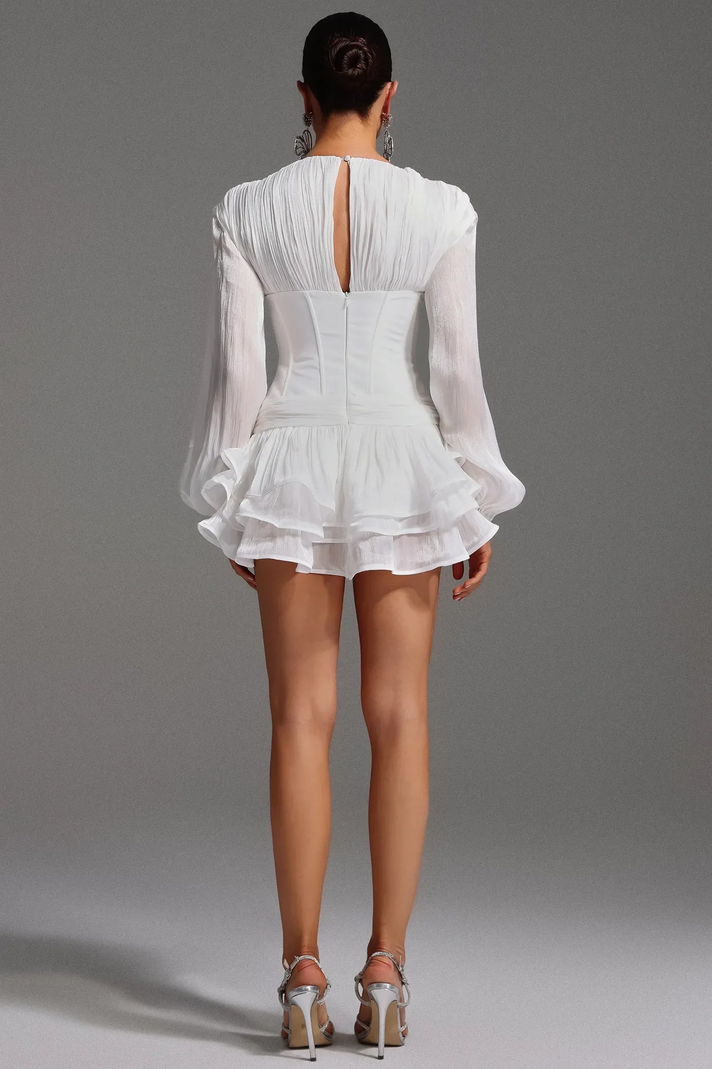 Gerasa – Floral Patterned Ruffled Long Sleeve V-Neck Mini Dress