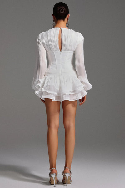 Gerasa – Floral Patterned Ruffled Long Sleeve V-Neck Mini Dress