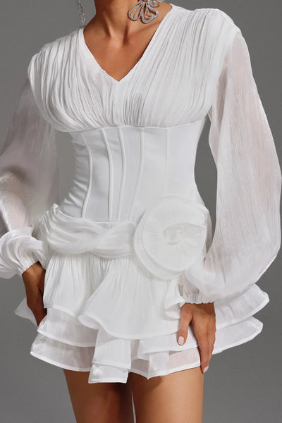 Gerasa – Floral Patterned Ruffled Long Sleeve V-Neck Mini Dress
