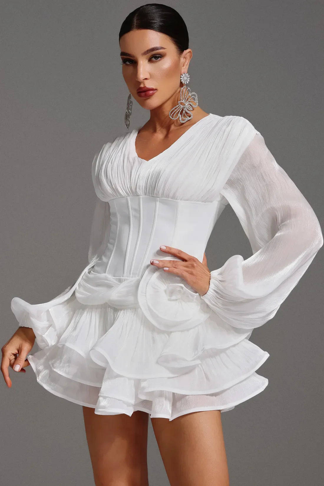 Gerasa – Floral Patterned Ruffled Long Sleeve V-Neck Mini Dress