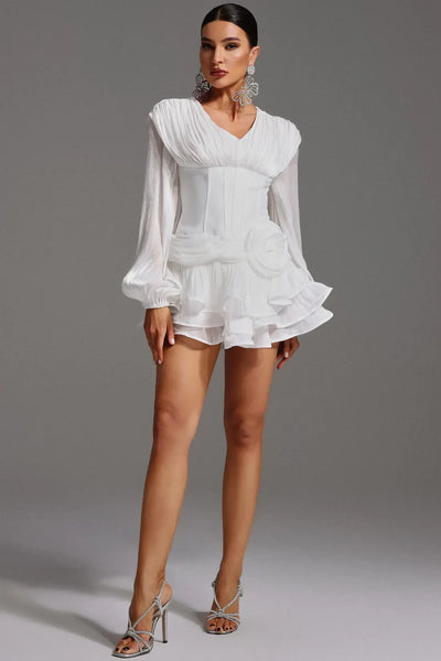 Gerasa – Floral Patterned Ruffled Long Sleeve V-Neck Mini Dress