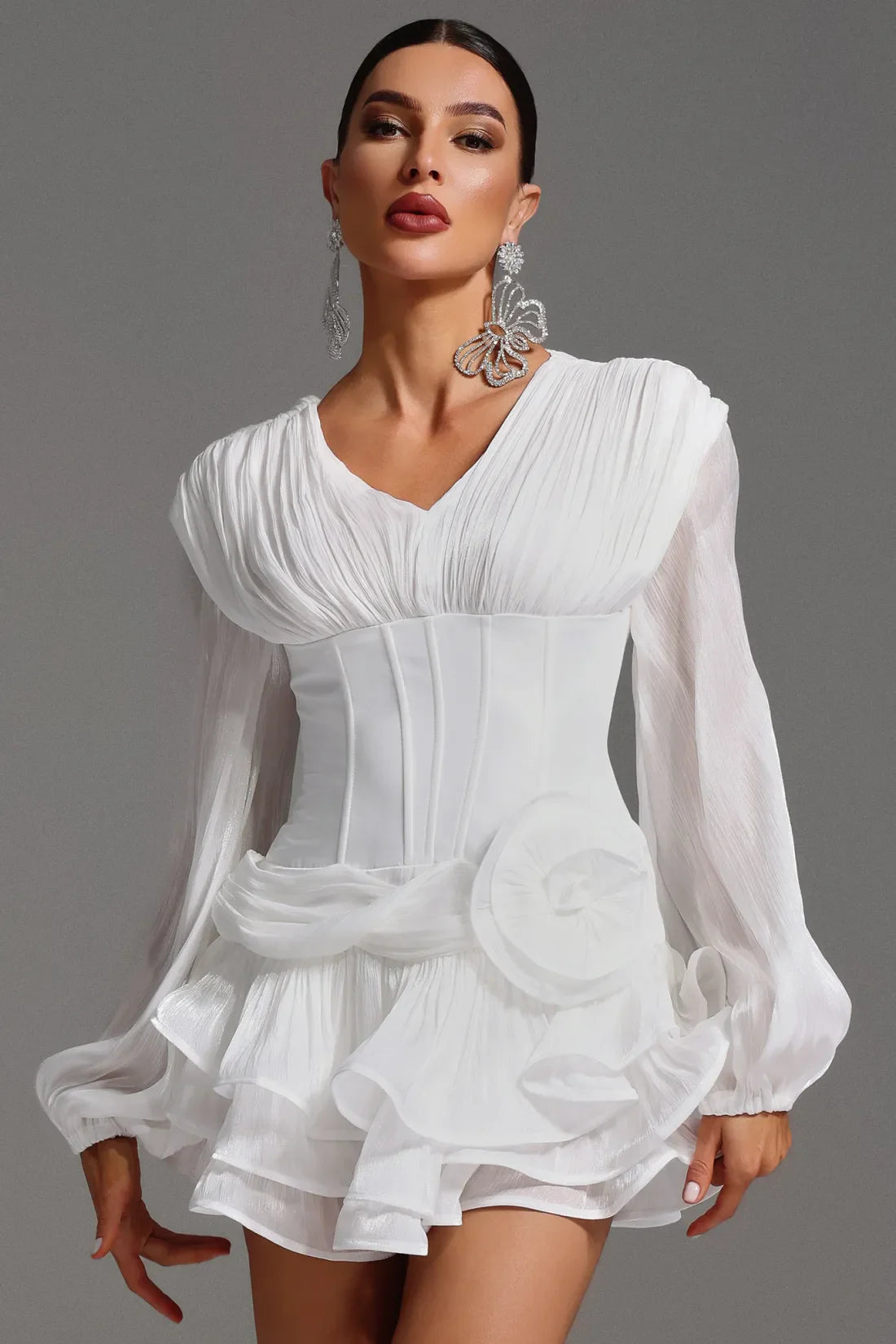 Gerasa – Floral Patterned Ruffled Long Sleeve V-Neck Mini Dress
