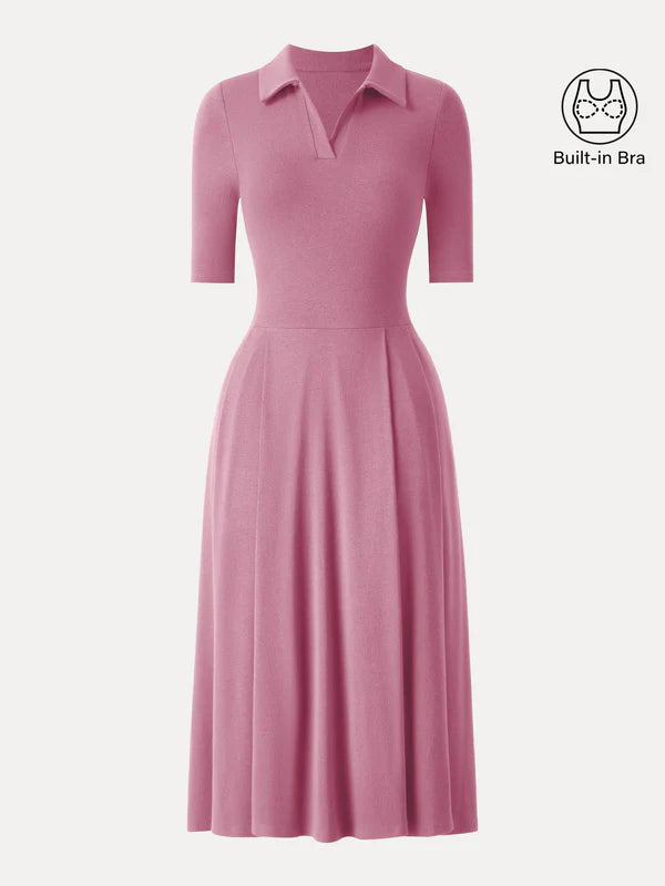 Polo Neck Elbow Length Sleeve Midi Brami Dress with Pockets