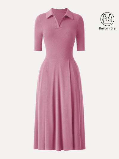Polo Neck Elbow Length Sleeve Midi Brami Dress with Pockets