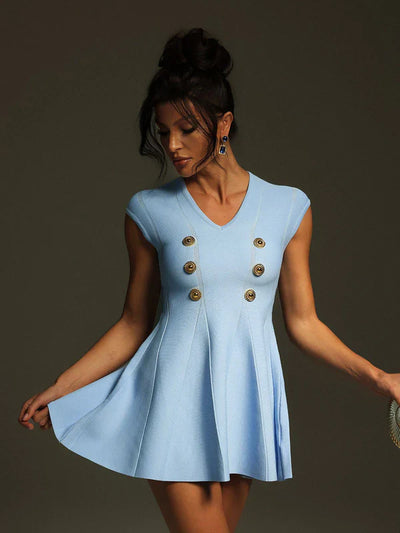 Tameron V-Neck Buttoned Knitted Mini Blue Dress