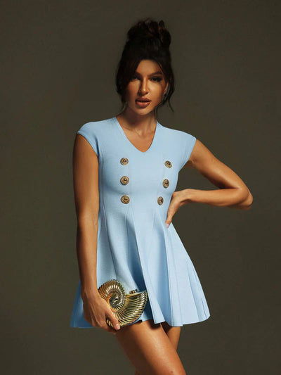 Tameron V-Neck Buttoned Knitted Mini Blue Dress