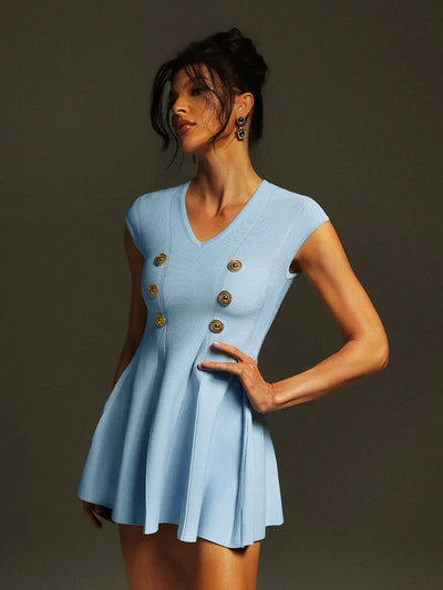 Tameron V-Neck Buttoned Knitted Mini Blue Dress