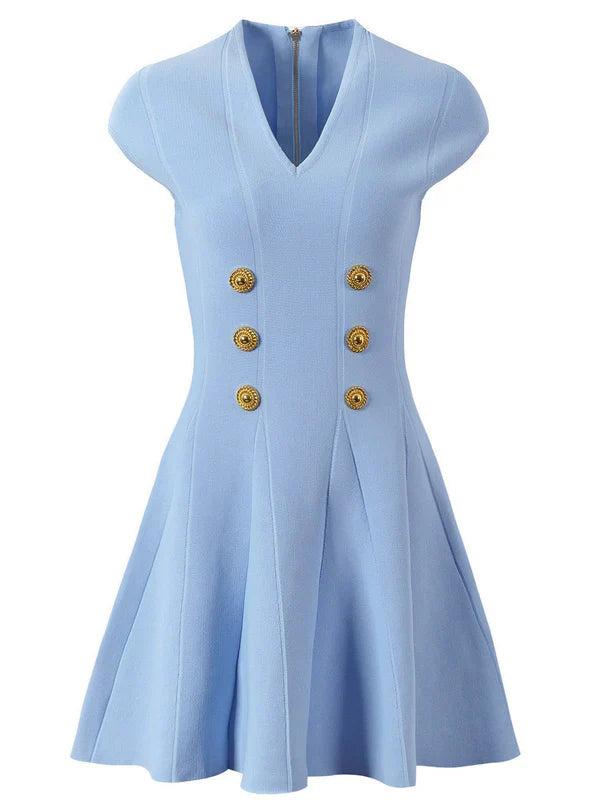 Tameron V-Neck Buttoned Knitted Mini Blue Dress