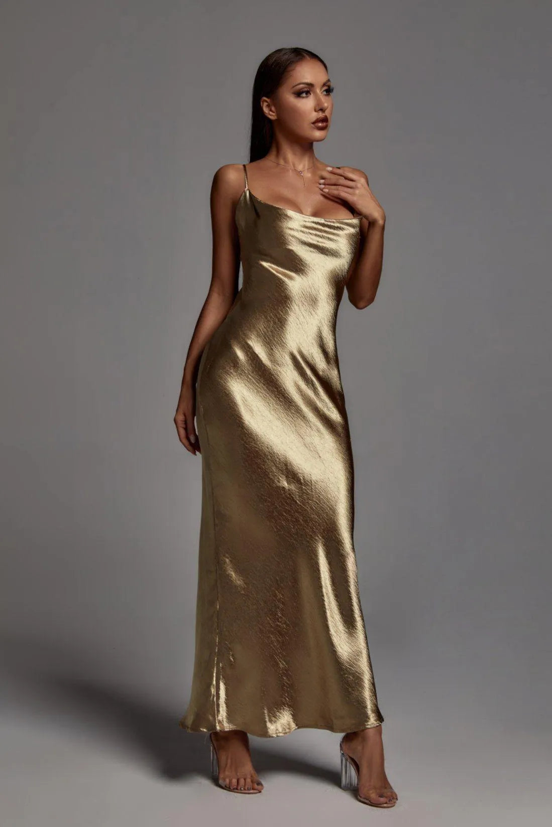 Emily Metalik Gold Long Dress