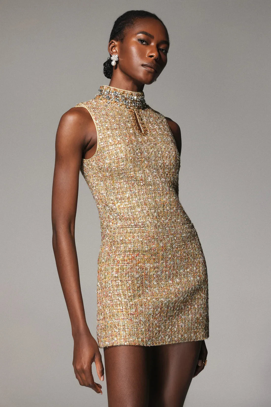 Mid-Rise Sleeveless Tweed Mini Dress