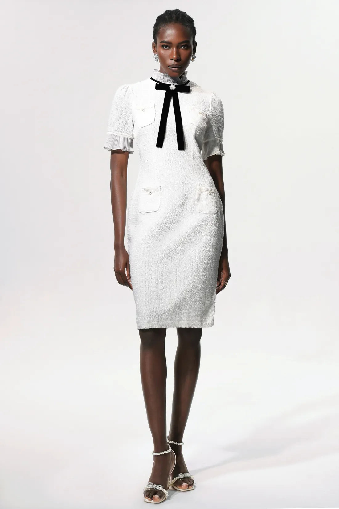 Vedasa Bow Pearl Button Tweed Midi Dress