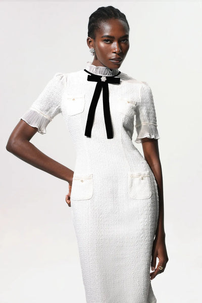 Vedasa Bow Pearl Button Tweed Midi Dress