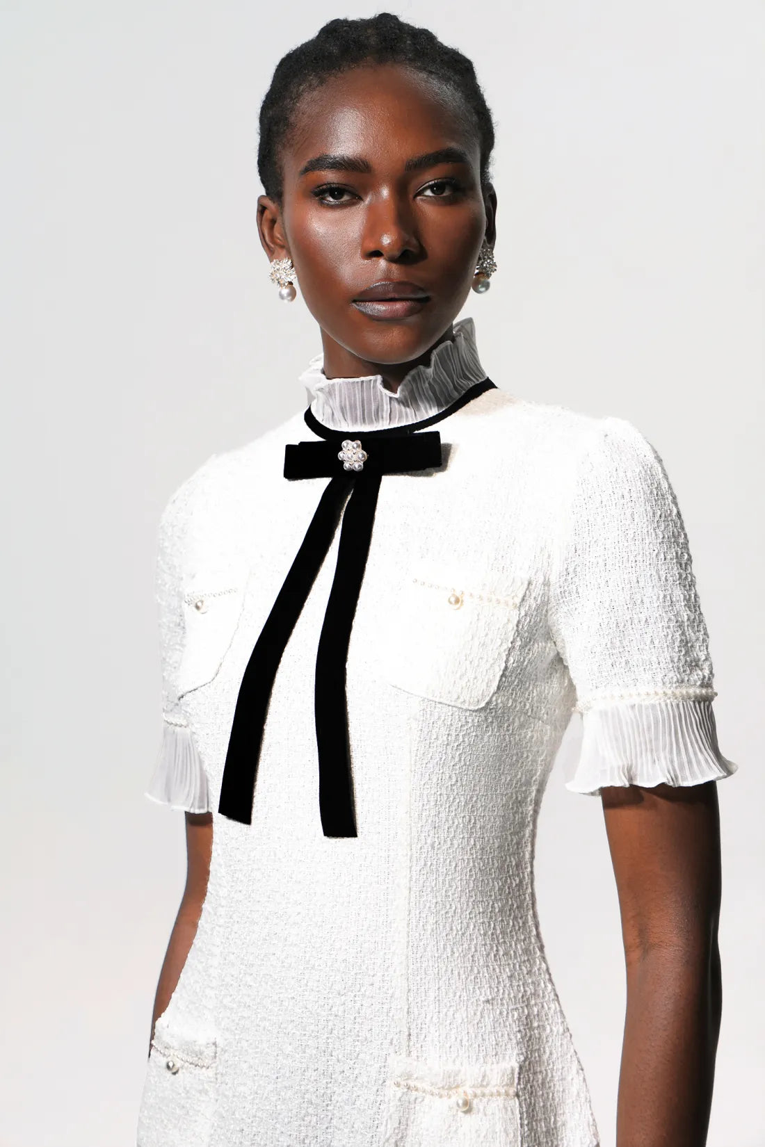 Vedasa Bow Pearl Button Tweed Midi Dress