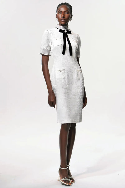 Vedasa Bow Pearl Button Tweed Midi Dress