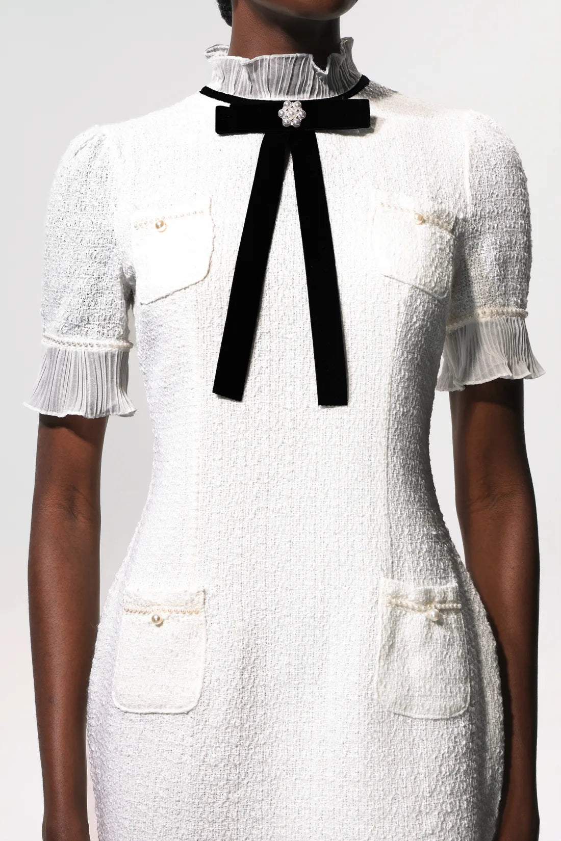 Vedasa Bow Pearl Button Tweed Midi Dress