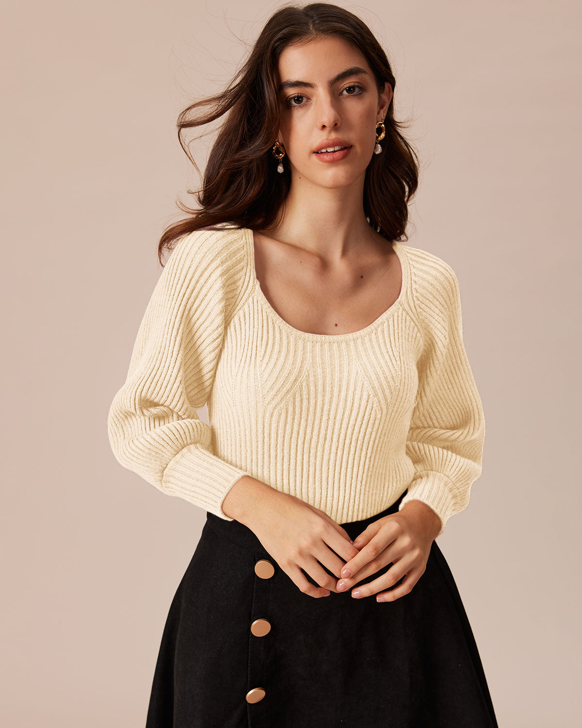 Beige Deep V-Neck Balloon Sleeve Sweater