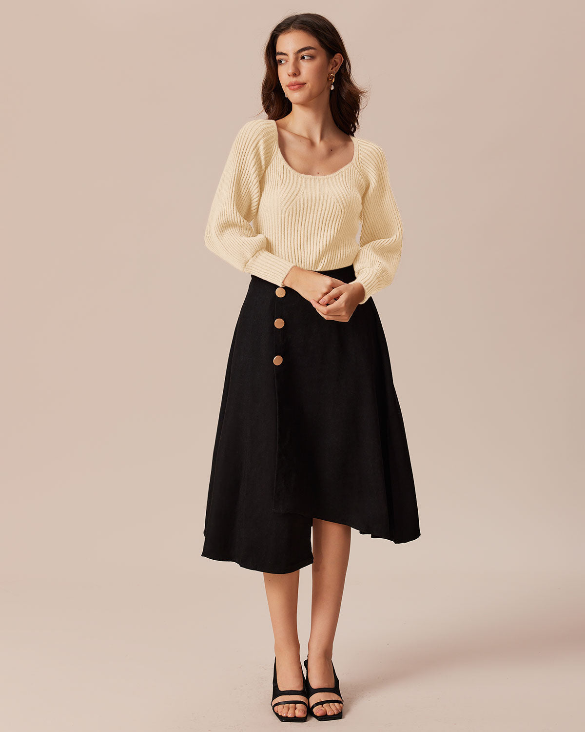 Beige Deep V-Neck Balloon Sleeve Sweater