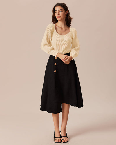 Beige Deep V-Neck Balloon Sleeve Sweater