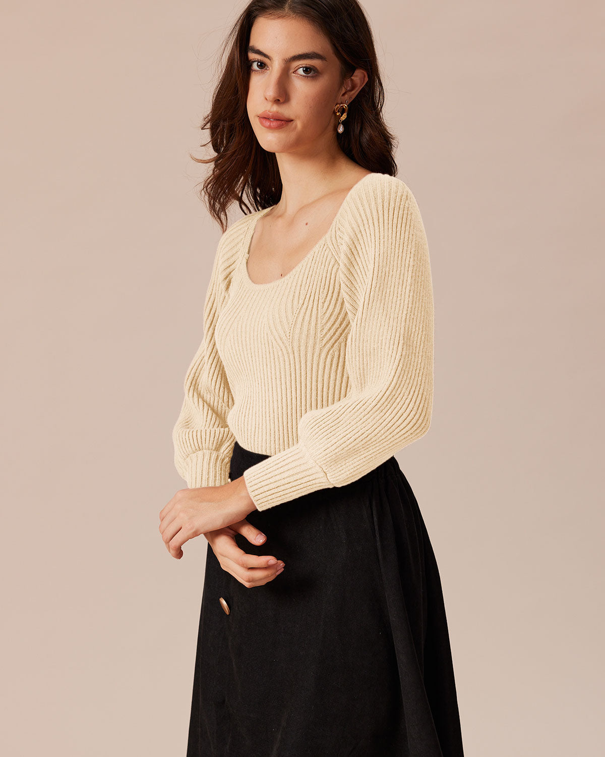 Beige Deep V-Neck Balloon Sleeve Sweater