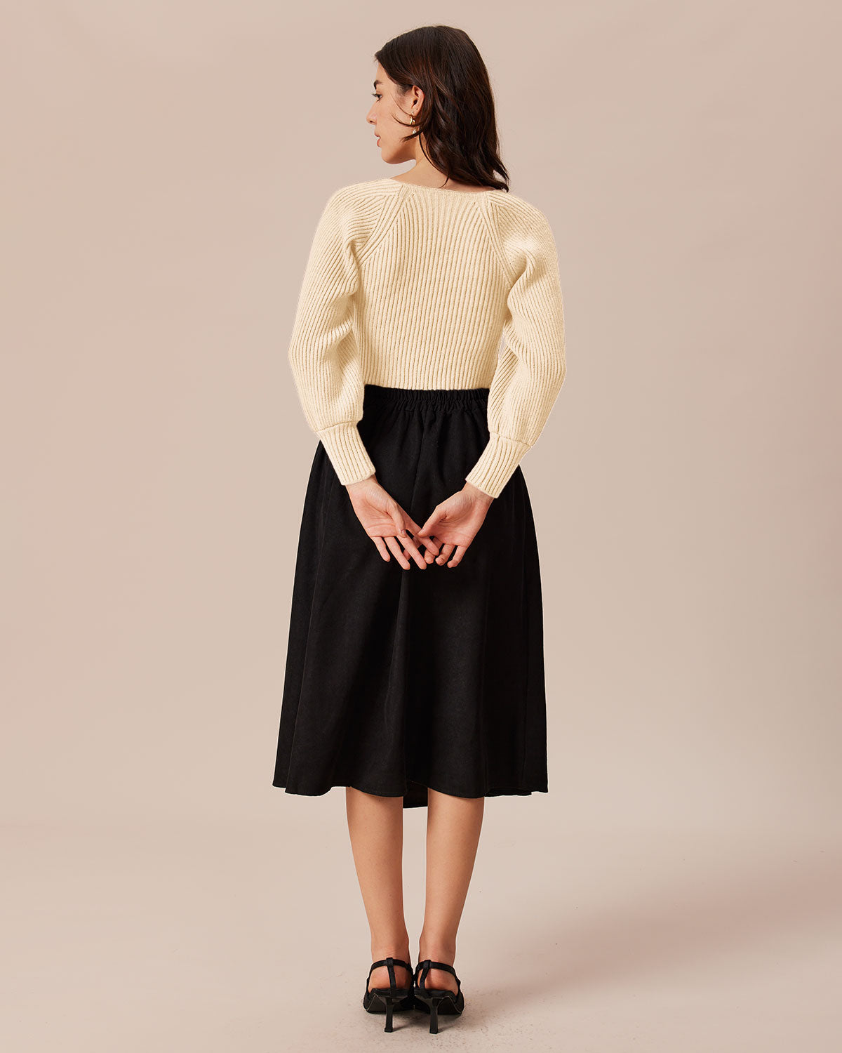 Beige Deep V-Neck Balloon Sleeve Sweater